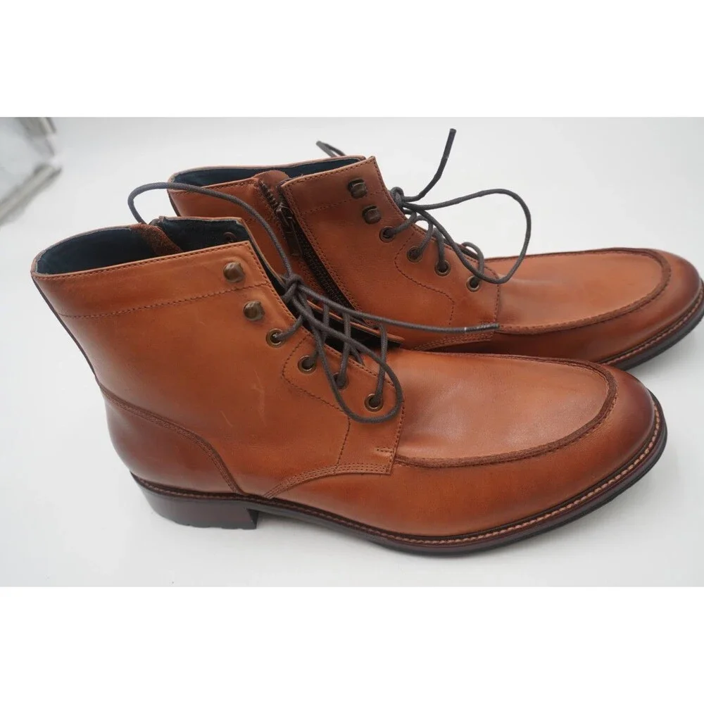 Gordon Rush Men Burnished Tan Leather Moc Toe Lace Up Ankle Boots Side Zip Sz 12